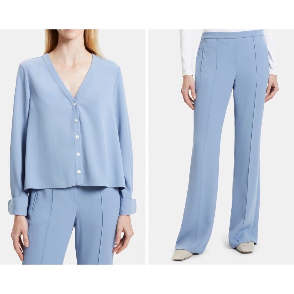 Theory Women‎ Easy Shirt S Demitria Flare Leg Pant 6 Set Matte Twill Powder Blue
